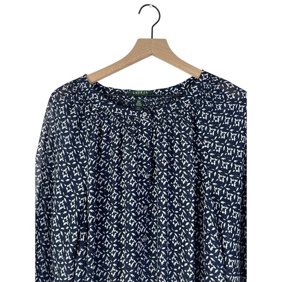 Lauren Ralph Lauren Dress Romantic Floral Print 3/4 Sleeve Blouson Navy Blue 16W - Picture 2 of 4